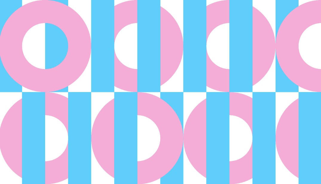 Das Bild zeigt ein komplexes Muster aus rosa und hellblauen Strichen, die sich kreuzen und zusammen immer wieder Kreise bilden.